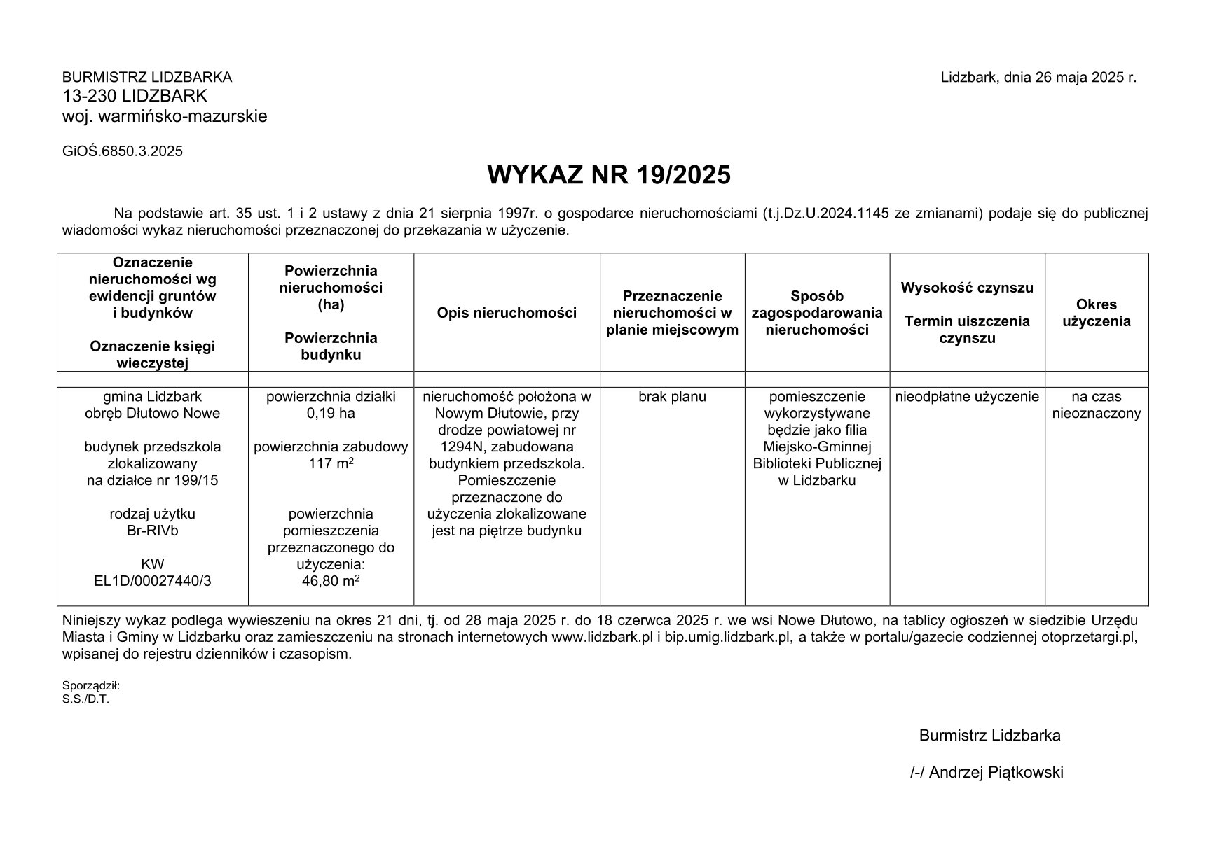 Wykaz Nr 19/2025 - Nieruchomość lokalowa do użyczenia - obr. Dłutowo Nowe dz. nr 199/15